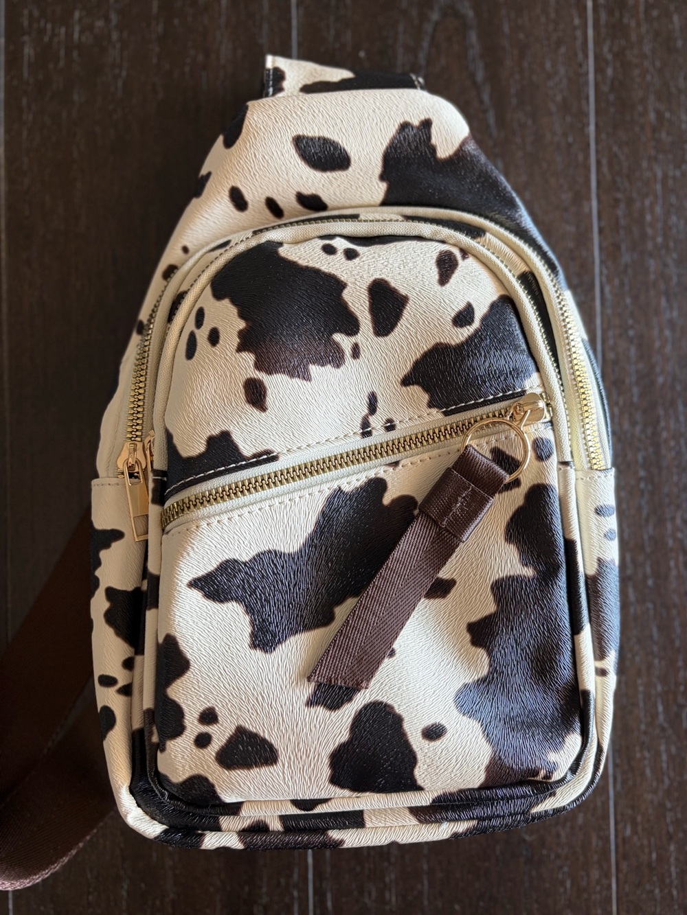 Cow Print Mini Backpack with Gold Hardware